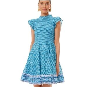 LN Oliphant Smocked Flirty Mini Floral Dress in Fern Blue - M